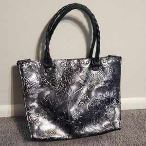 Patricia Nash Black and Silver Floral Embossed Leather Tote
